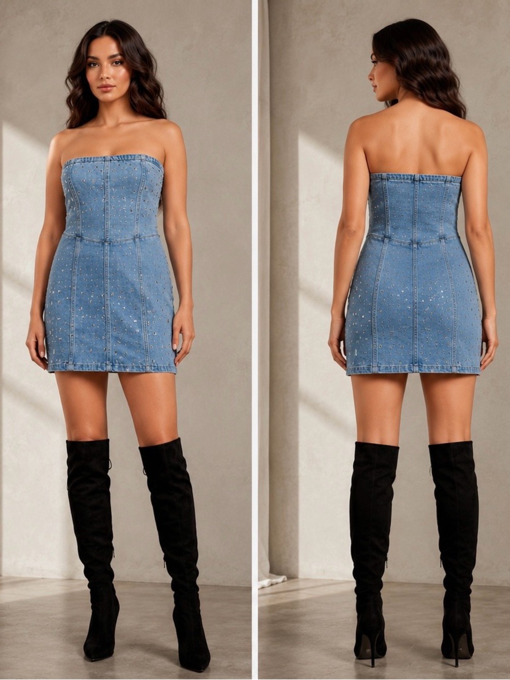 Gianni Bini Abigail Strapless Rhinestone Denim Mini Dress 14 NWT